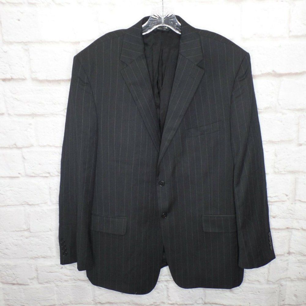 Jos A Bank Travelers Collection Mens 46R Wool Blazer Sport Coat Black Pinstripe